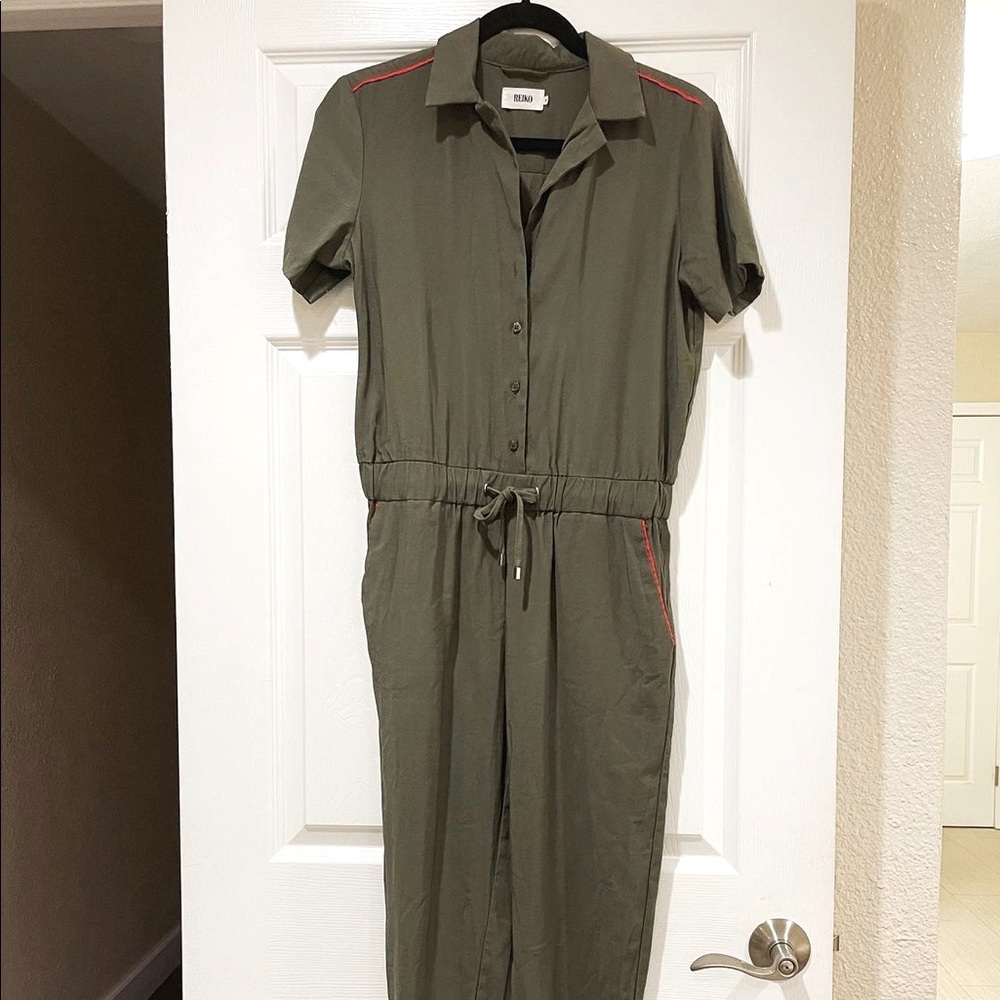 REIKO Utility jumpsuit in olive green w/ drawstring waist XS
